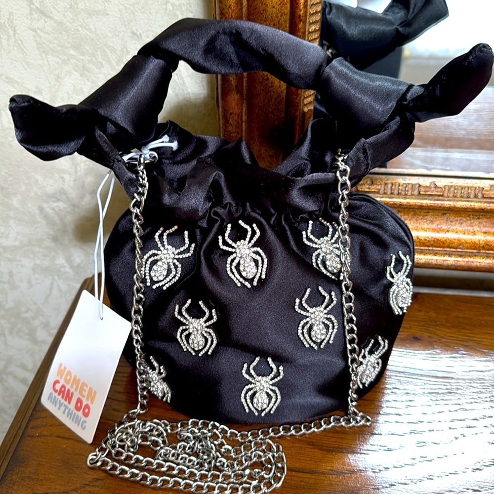 New Black Satin Rhinestone Spider Crossbody or handle Bag.  Rhinestone spiders.